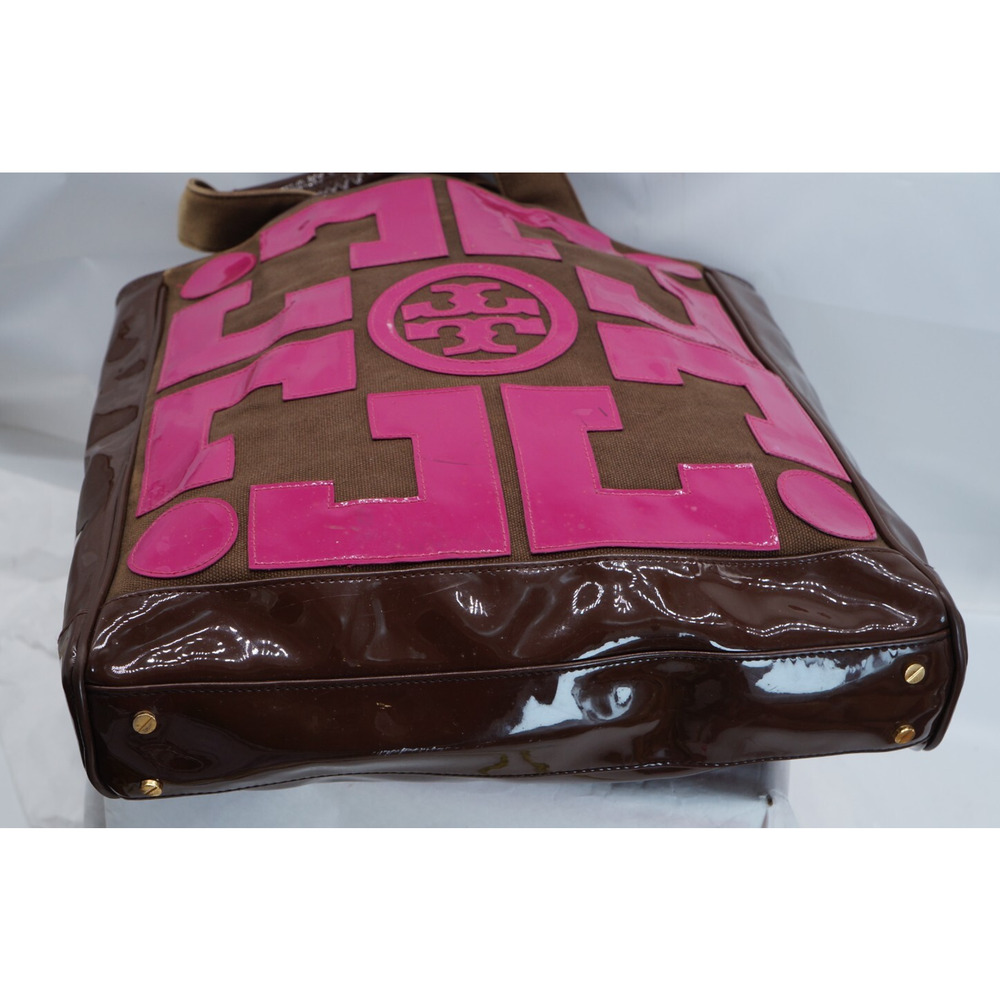 TORY BURCH TALL CANVAS & PATENT PINK & BROWN TOTE - Picture 8 of 9